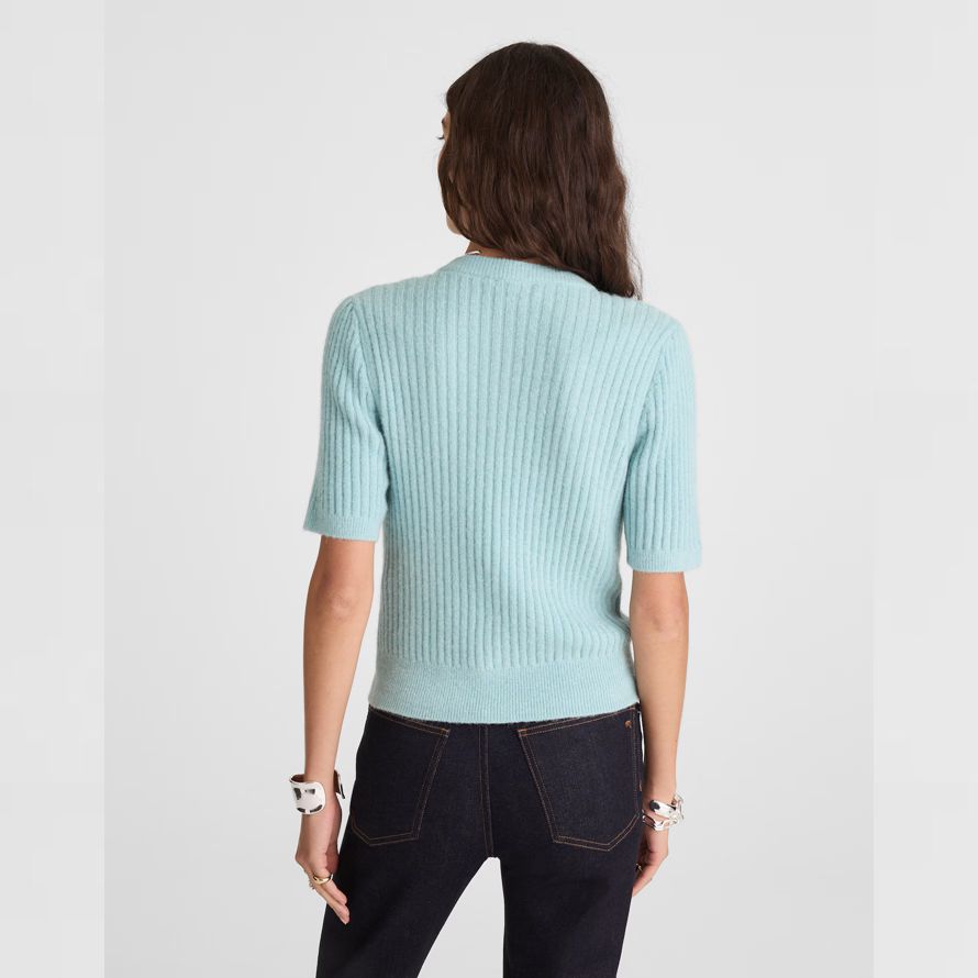 light blue womens madewell patch-pocket puff-sleeve cardigan