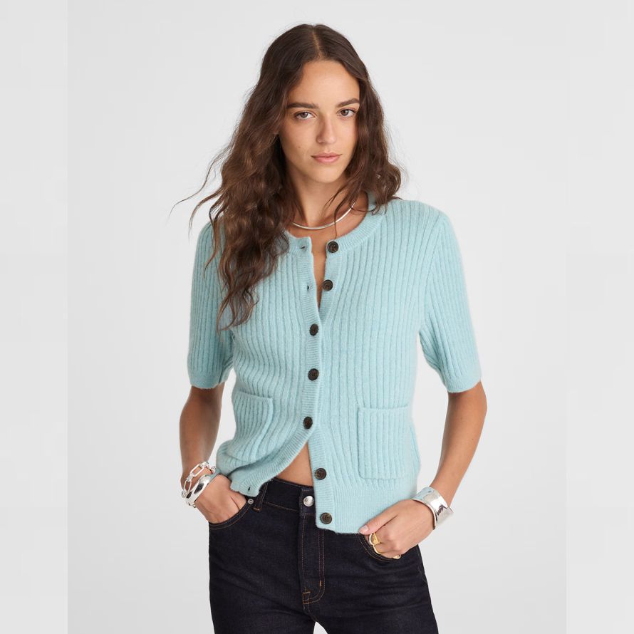 light blue womens madewell patch-pocket puff-sleeve cardigan