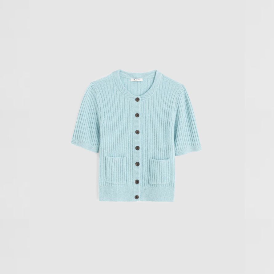 light blue womens madewell patch-pocket puff-sleeve cardigan