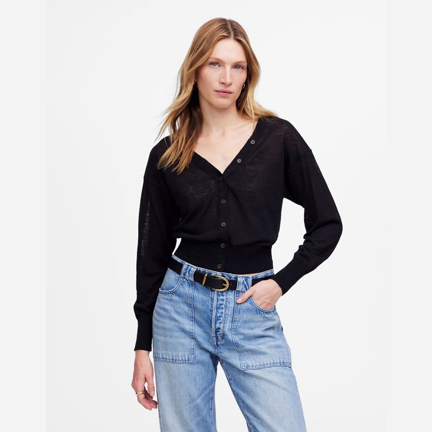 womens madewell linen-blend v-neck cardigan black