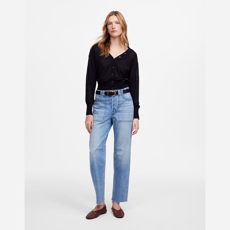womens madewell linen-blend v-neck cardigan black