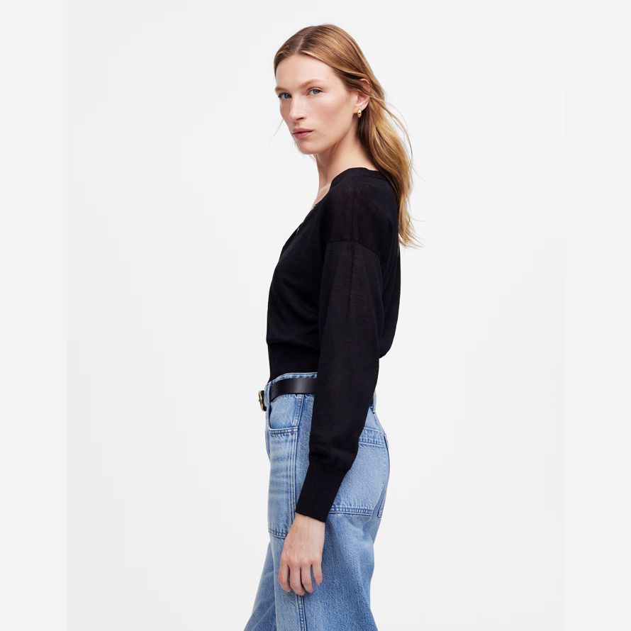 womens madewell linen-blend v-neck cardigan black