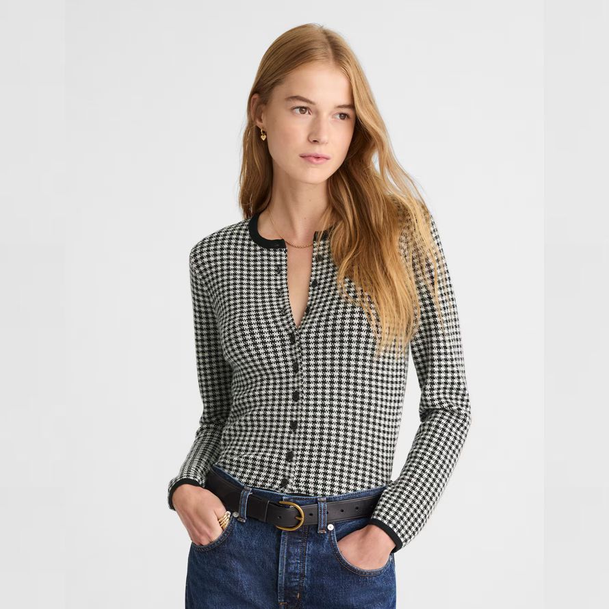 womens madewell houndstooth crewneck 100 merino wool cardigan black white