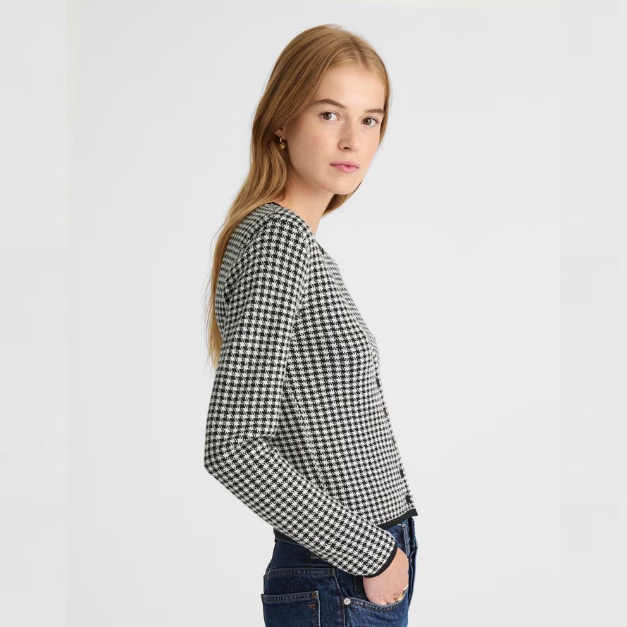 womens madewell houndstooth crewneck 100 merino wool cardigan black white