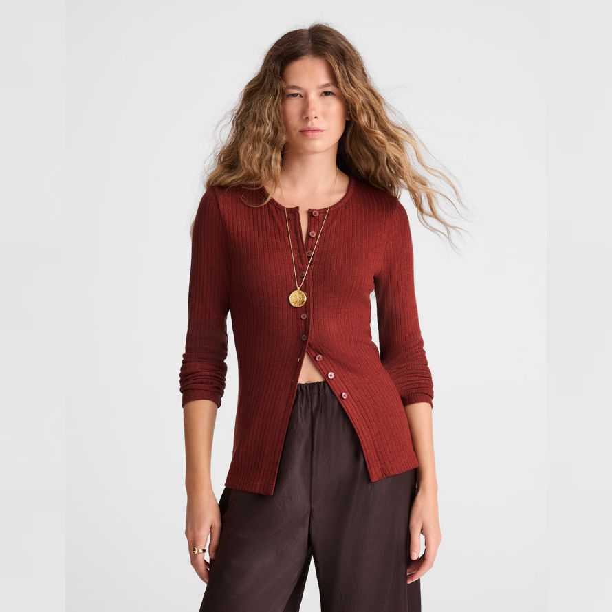 red brown womens madewell textural cutaway crewneck cardigan