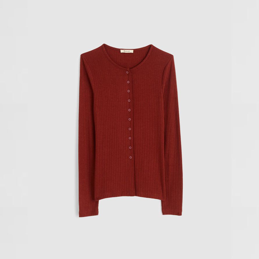 red brown womens madewell textural cutaway crewneck cardigan