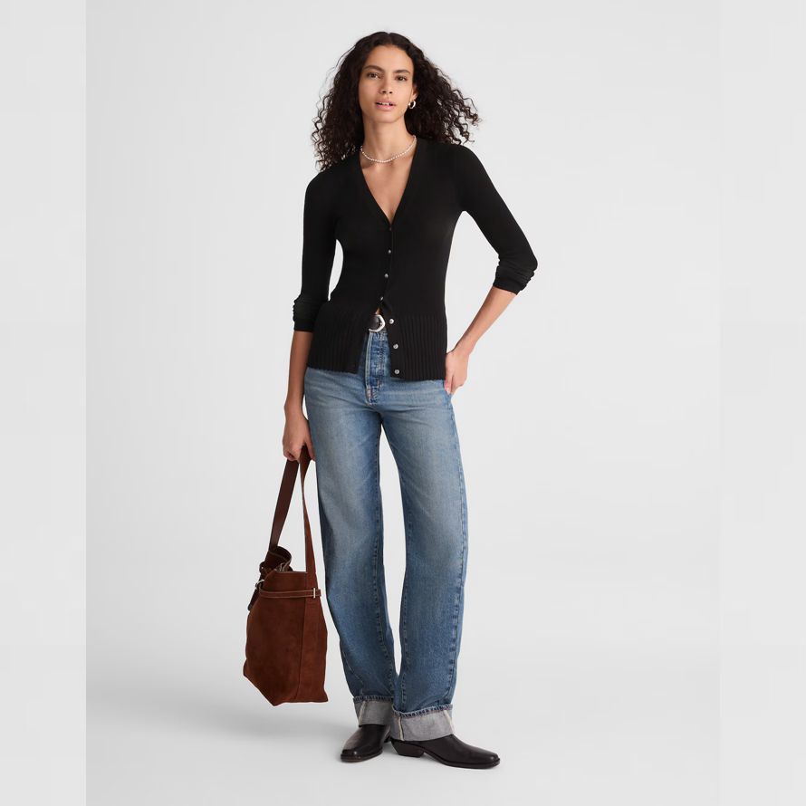 womens madewell deep v-neck merino-silk blend cardigan black