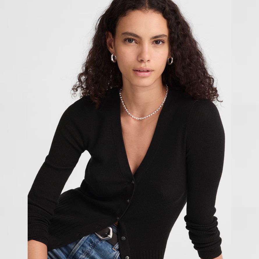 womens madewell deep v-neck merino-silk blend cardigan black