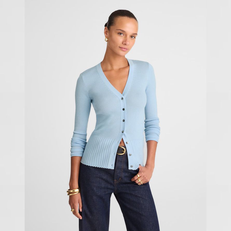 womens madewell deep v-neck merino-silk blend cardigan light blue