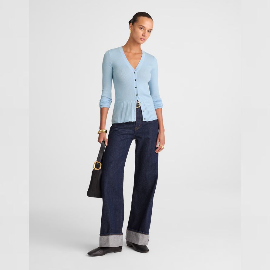 womens madewell deep v-neck merino-silk blend cardigan light blue