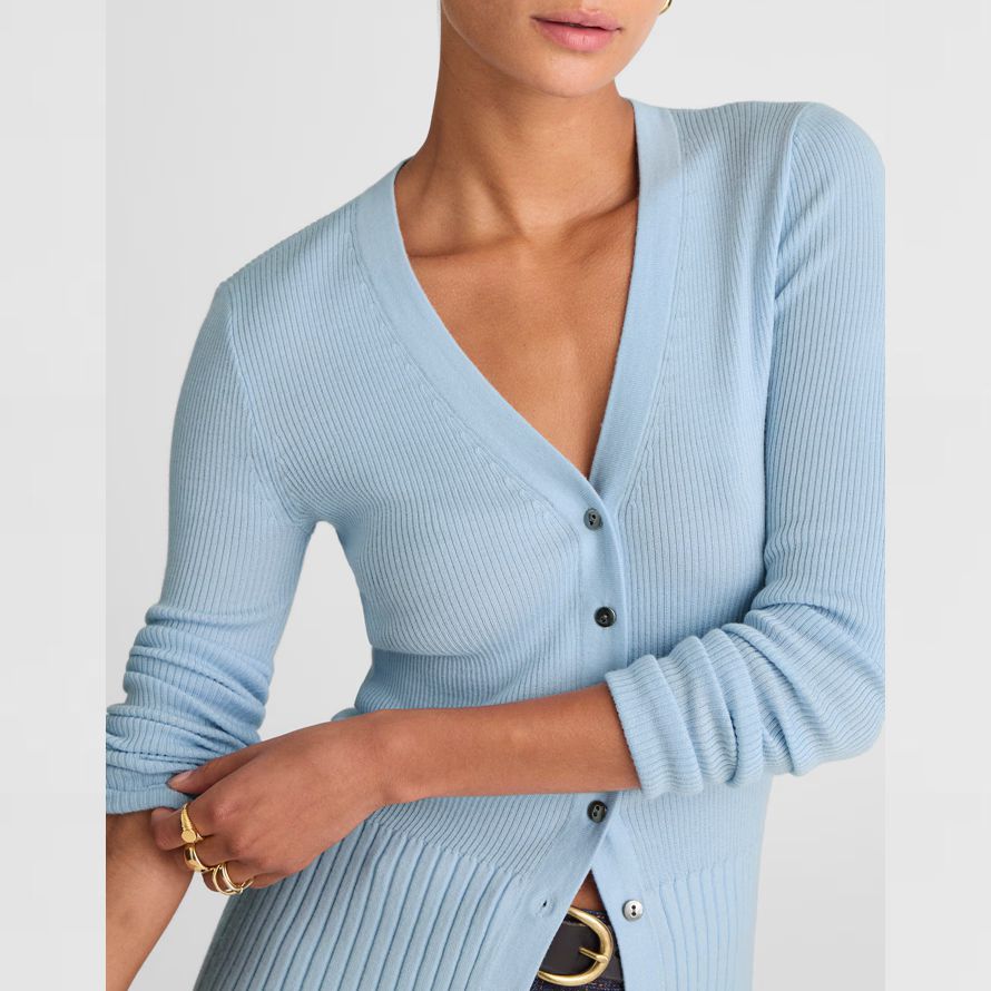 womens madewell deep v-neck merino-silk blend cardigan light blue