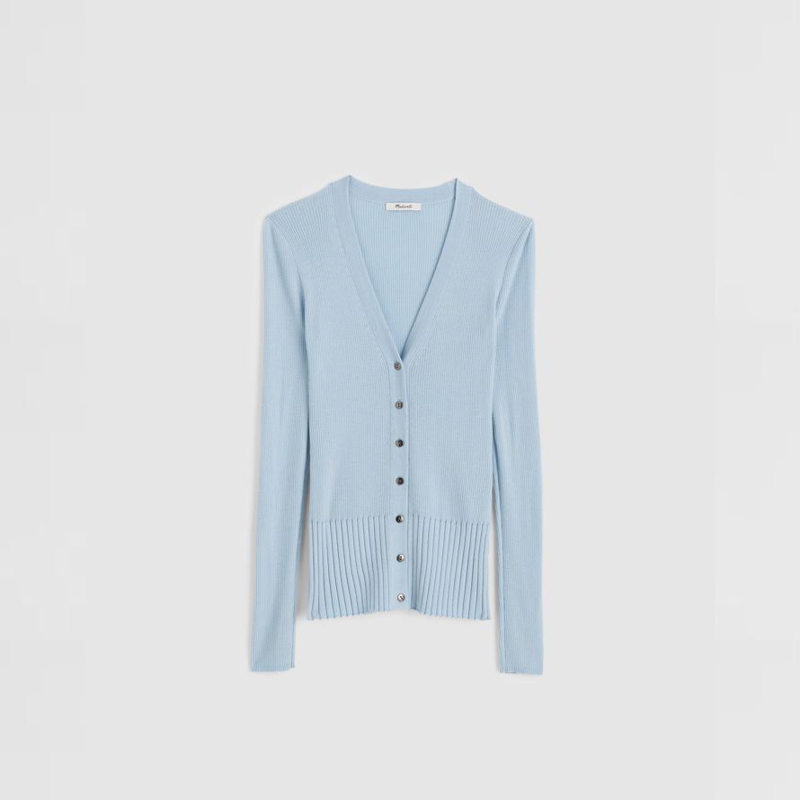 womens madewell deep v-neck merino-silk blend cardigan light blue
