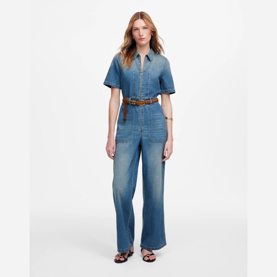 blue womens madewell zip-front denim coveralls