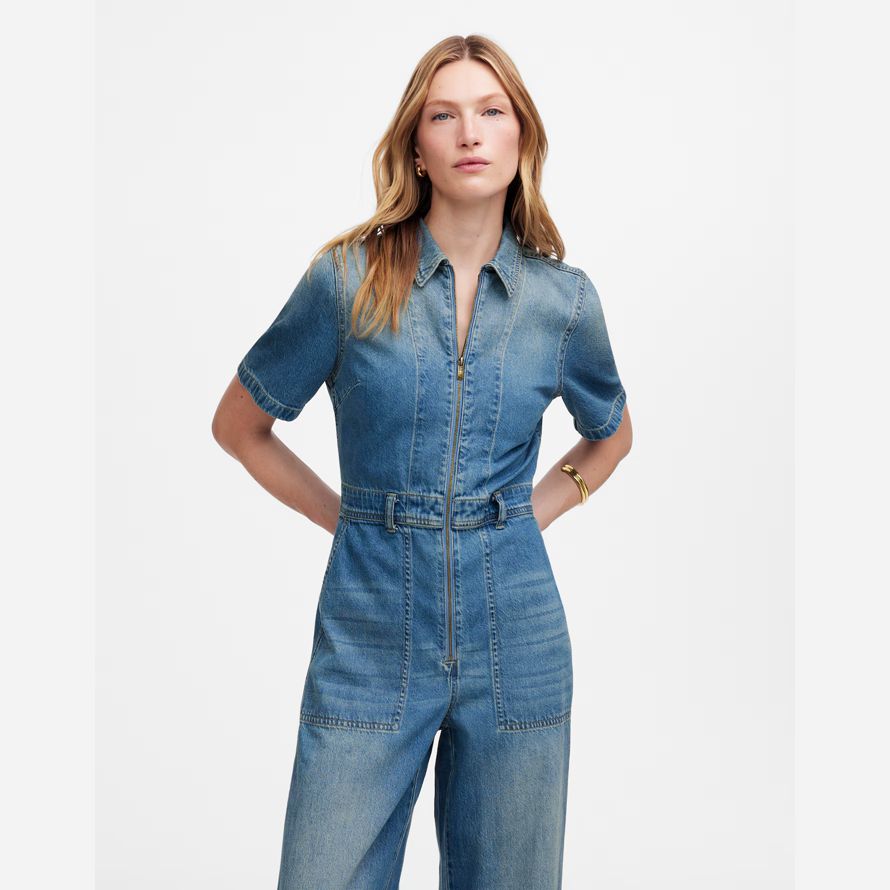 blue womens madewell zip-front denim coveralls