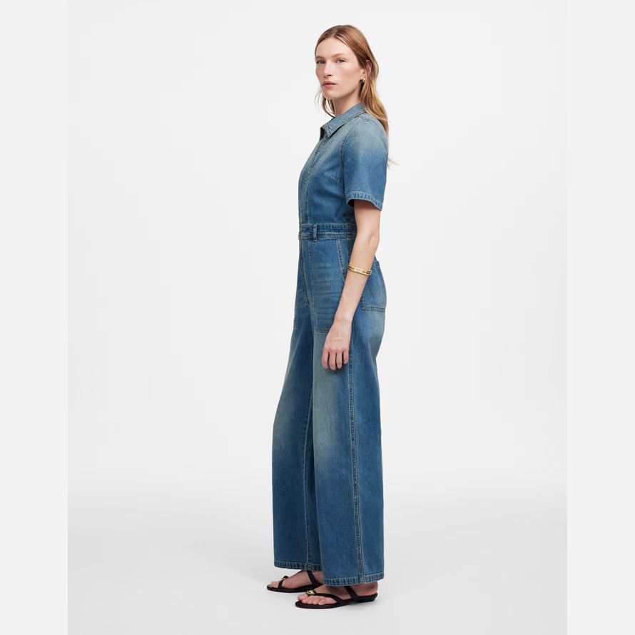 blue womens madewell zip-front denim coveralls