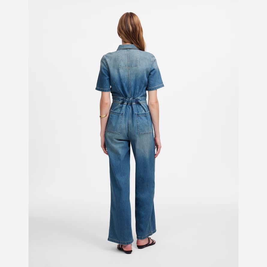 blue womens madewell zip-front denim coveralls