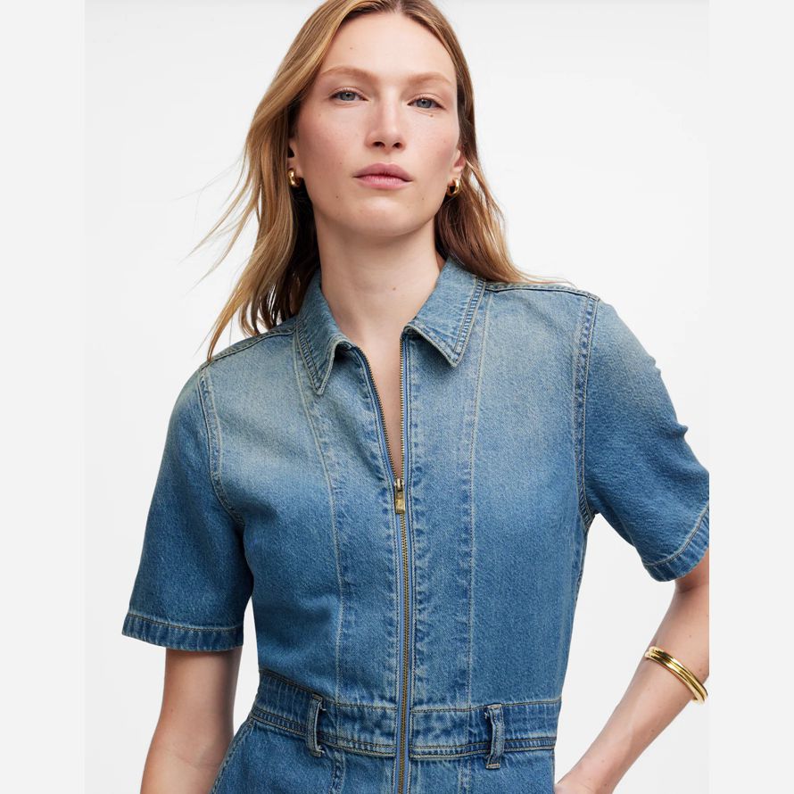 blue womens madewell zip-front denim coveralls