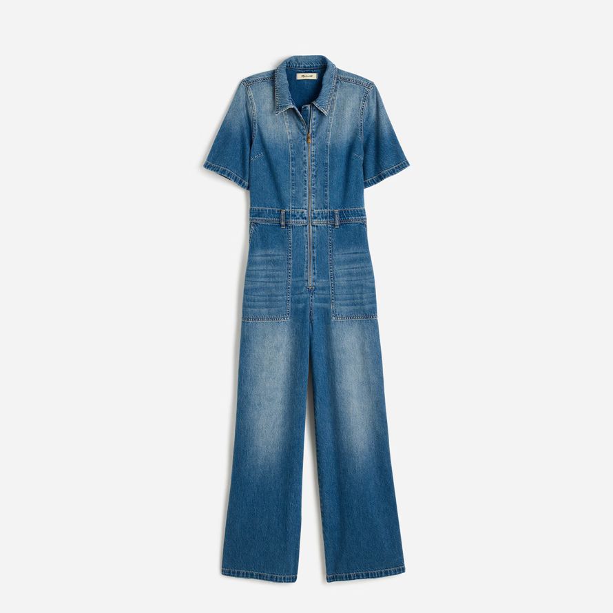 blue womens madewell zip-front denim coveralls