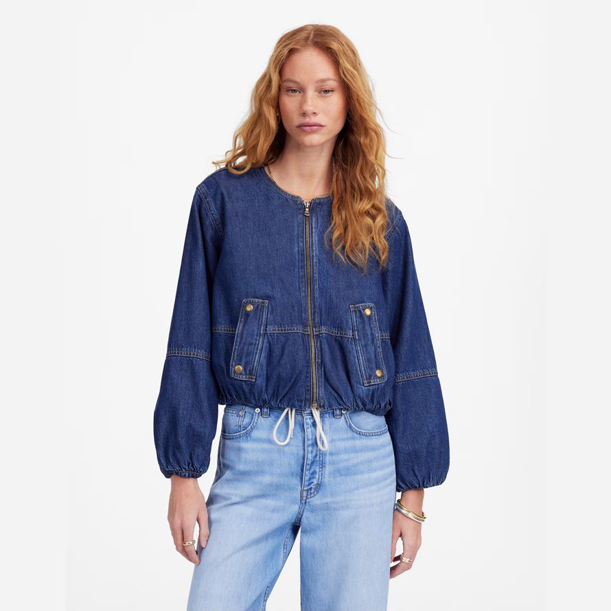dark blue womens madewell bubble-sleeve bomber denim jacket