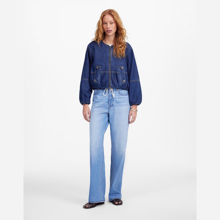 dark blue womens madewell bubble-sleeve bomber denim jacket
