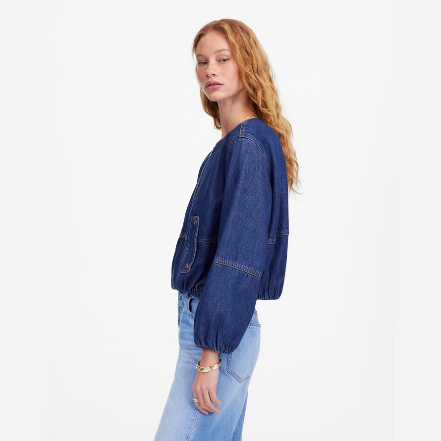 dark blue womens madewell bubble-sleeve bomber denim jacket