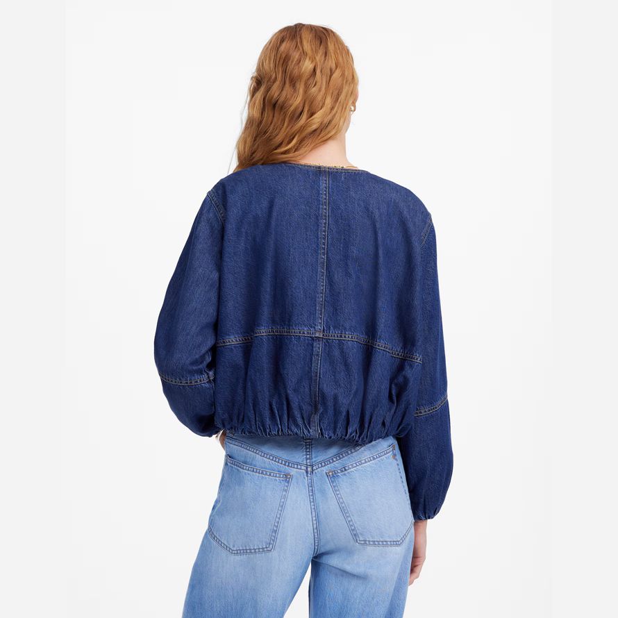 dark blue womens madewell bubble-sleeve bomber denim jacket