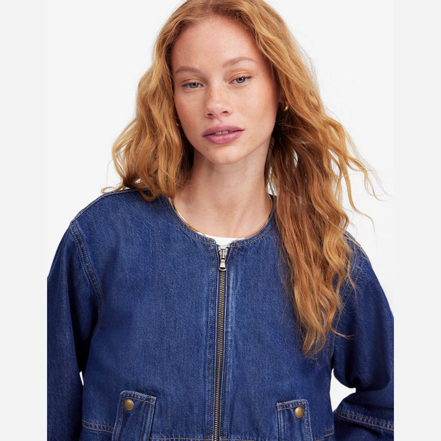 dark blue womens madewell bubble-sleeve bomber denim jacket