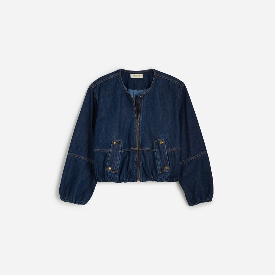 dark blue womens madewell bubble-sleeve bomber denim jacket