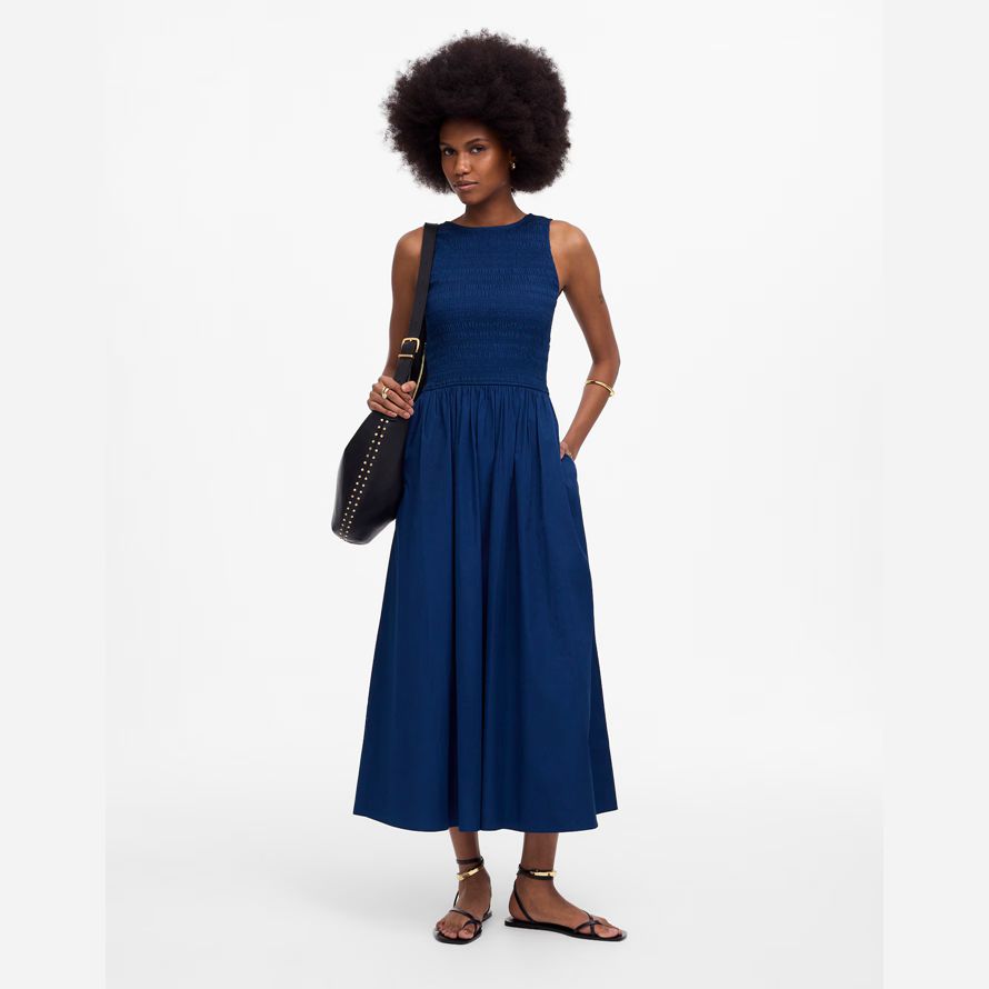 madewell the melody scoopback smocked midi womens dress navy