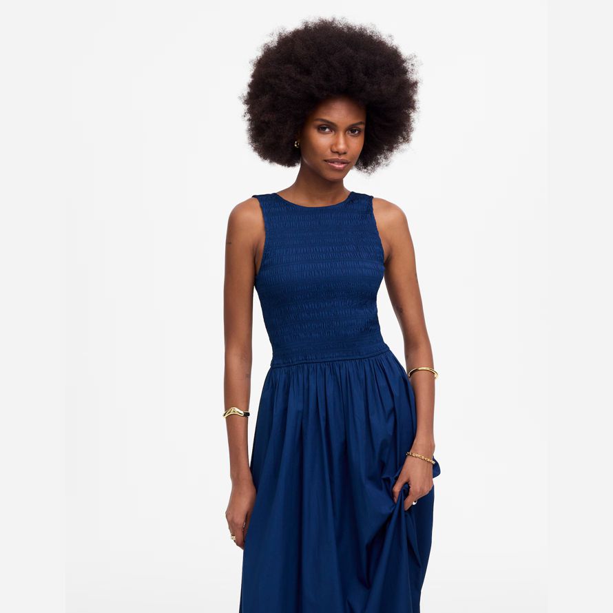 madewell the melody scoopback smocked midi womens dress navy