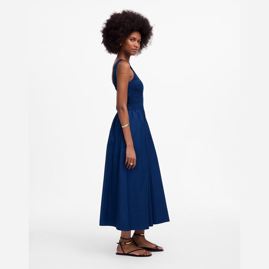 madewell the melody scoopback smocked midi womens dress navy