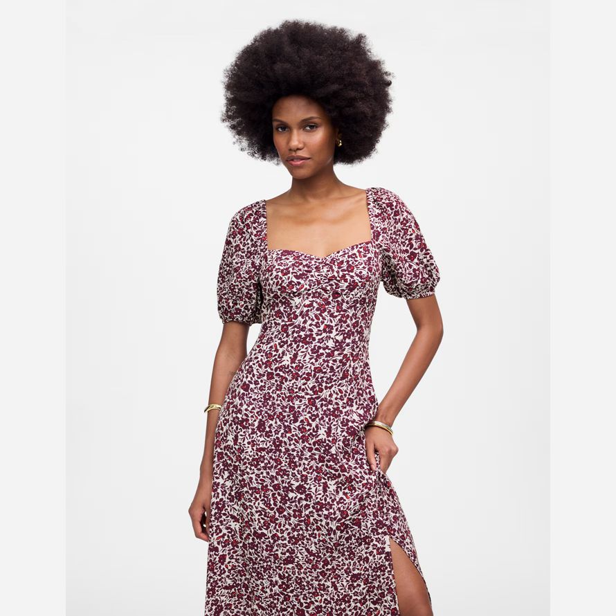 dark red white womens madewell puff sleeve sweetheart midi dress