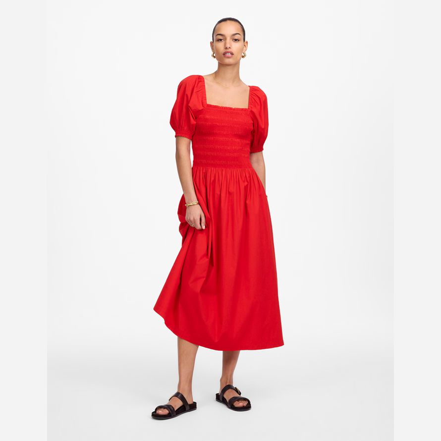 red madewell smocked puff sleeve midi womens dress