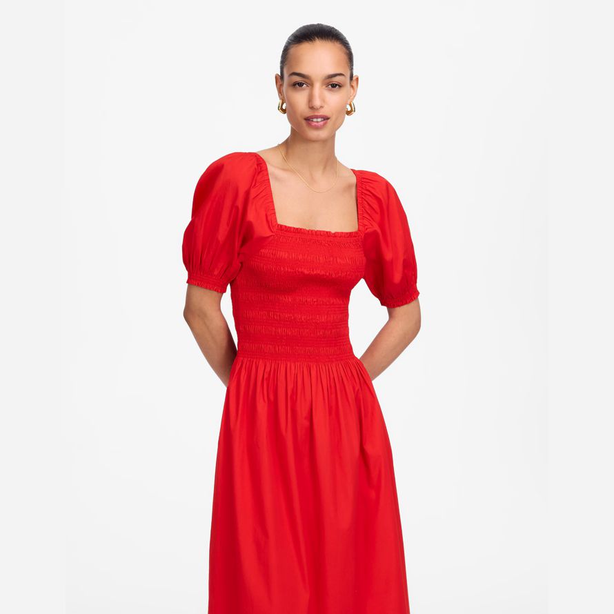 red madewell smocked puff sleeve midi womens dress