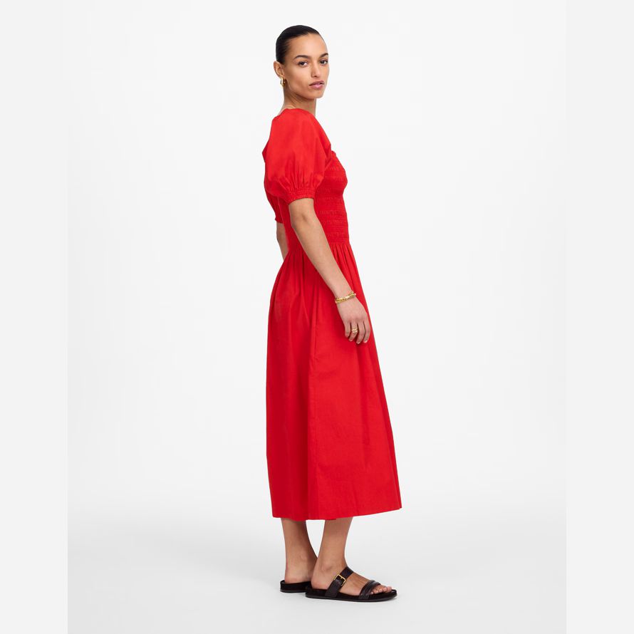 red madewell smocked puff sleeve midi womens dress