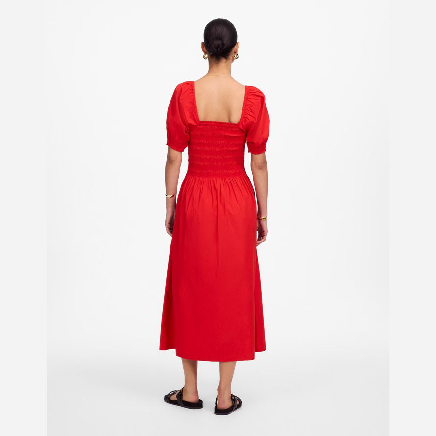 red madewell smocked puff sleeve midi womens dress