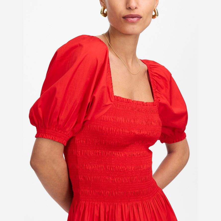 red madewell smocked puff sleeve midi womens dress
