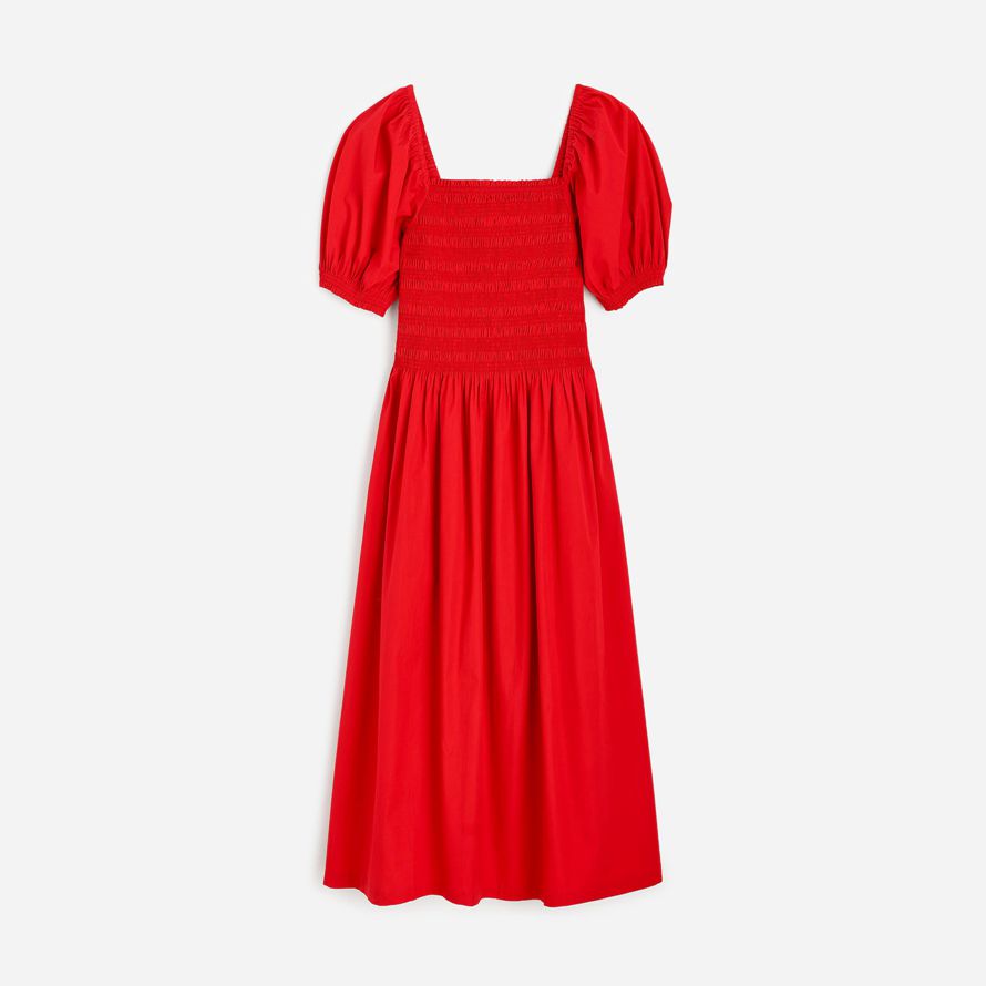 red madewell smocked puff sleeve midi womens dress