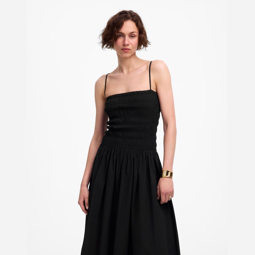 black womens madewell poplin smocked maxi dress