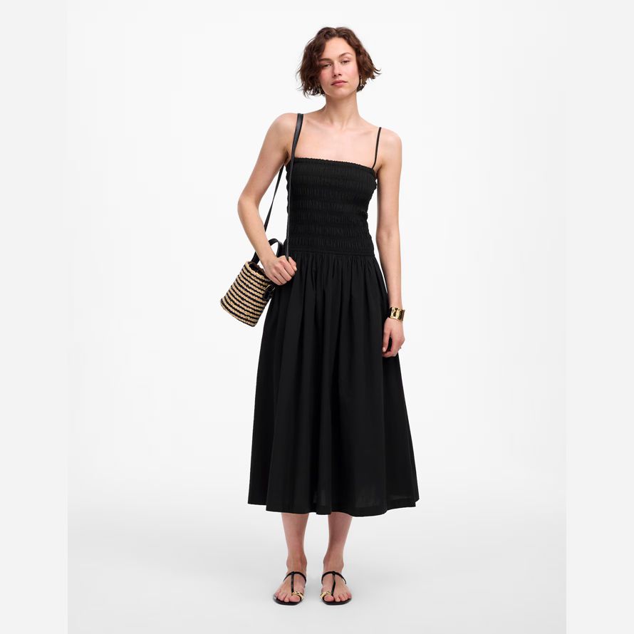 black womens madewell poplin smocked maxi dress