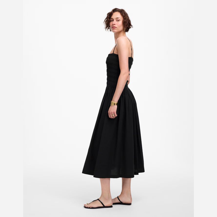 black womens madewell poplin smocked maxi dress