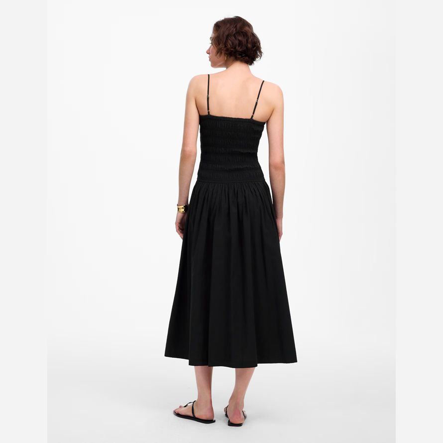 black womens madewell poplin smocked maxi dress