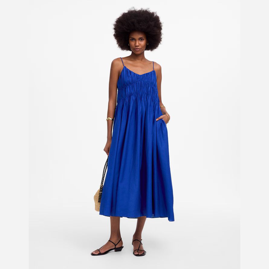 madewell textured v-neck midi womens dress blue
