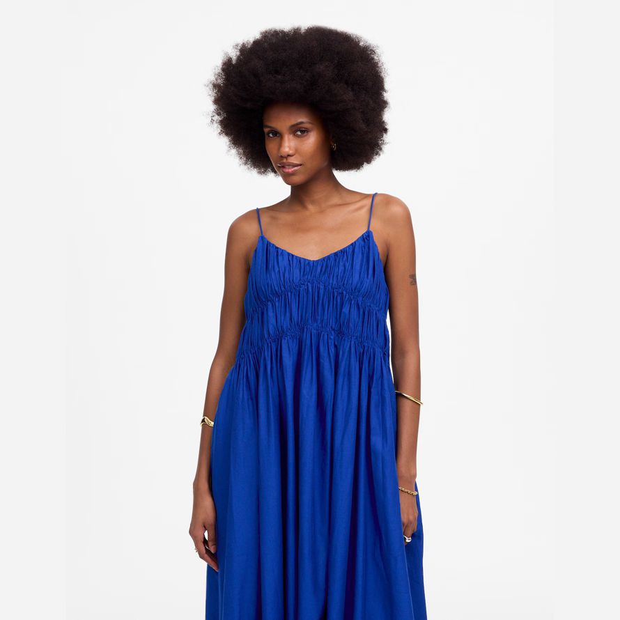madewell textured v-neck midi womens dress blue