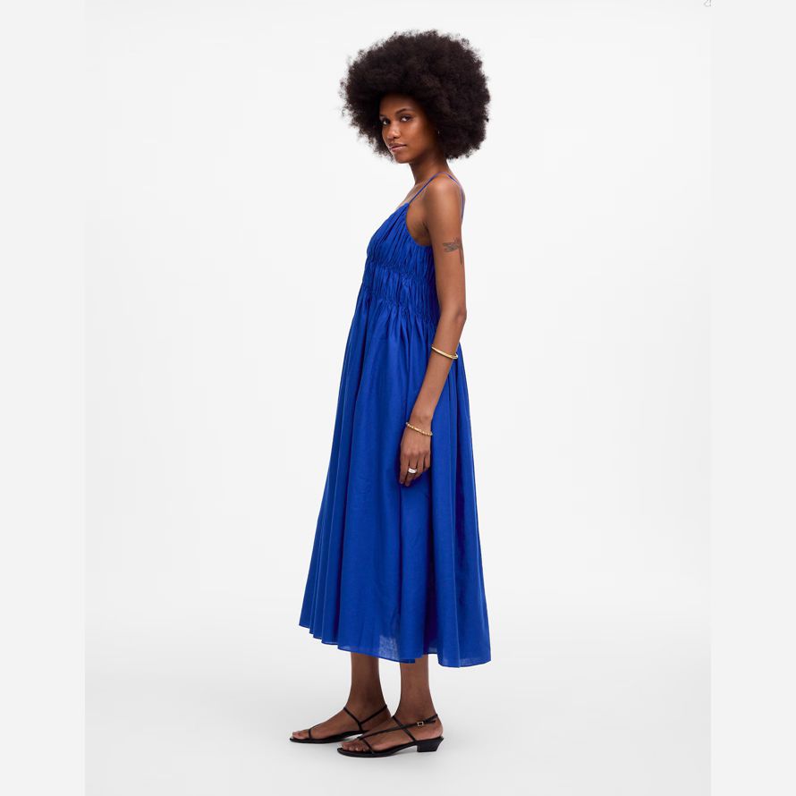 madewell textured v-neck midi womens dress blue