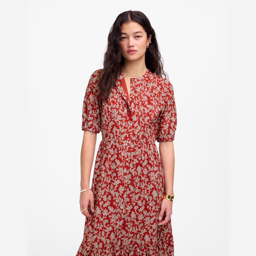 red white madewell pintucked puff-sleeve midi womens dress