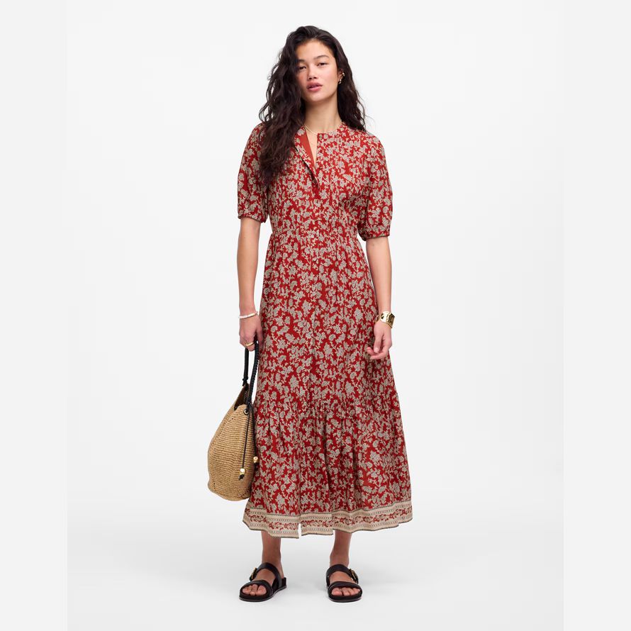red white madewell pintucked puff-sleeve midi womens dress