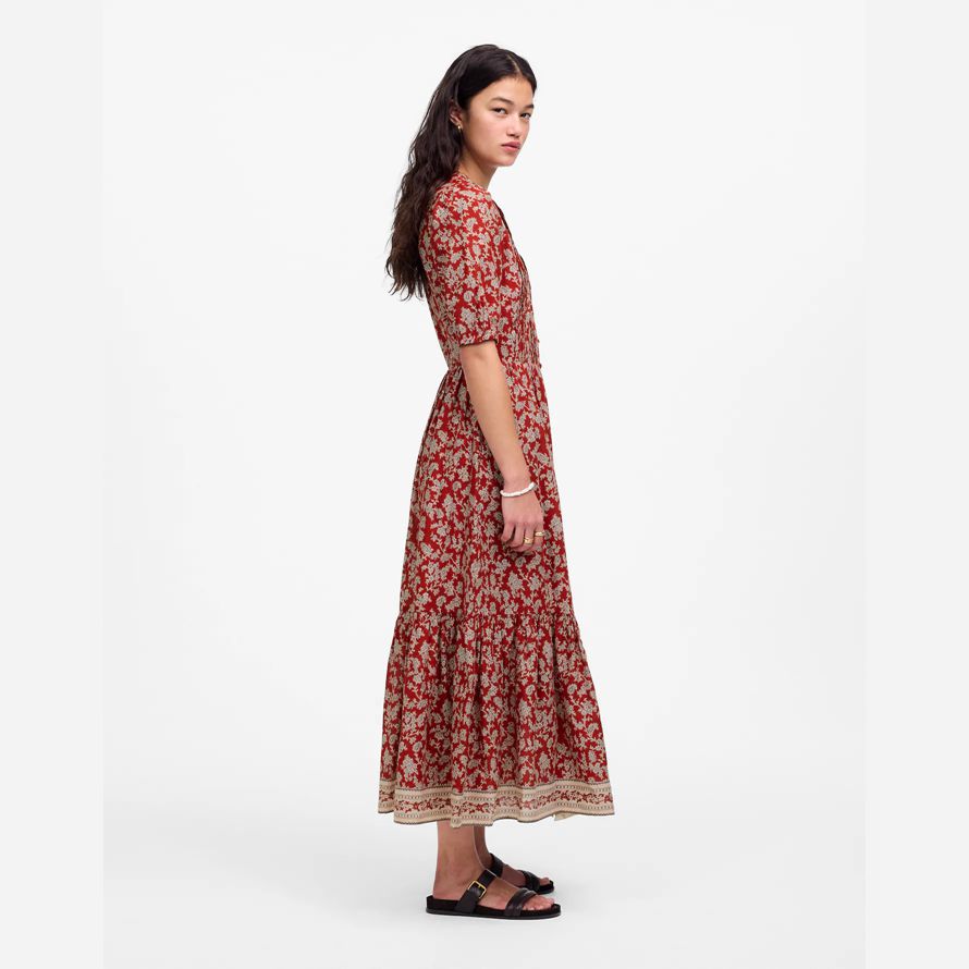 red white madewell pintucked puff-sleeve midi womens dress
