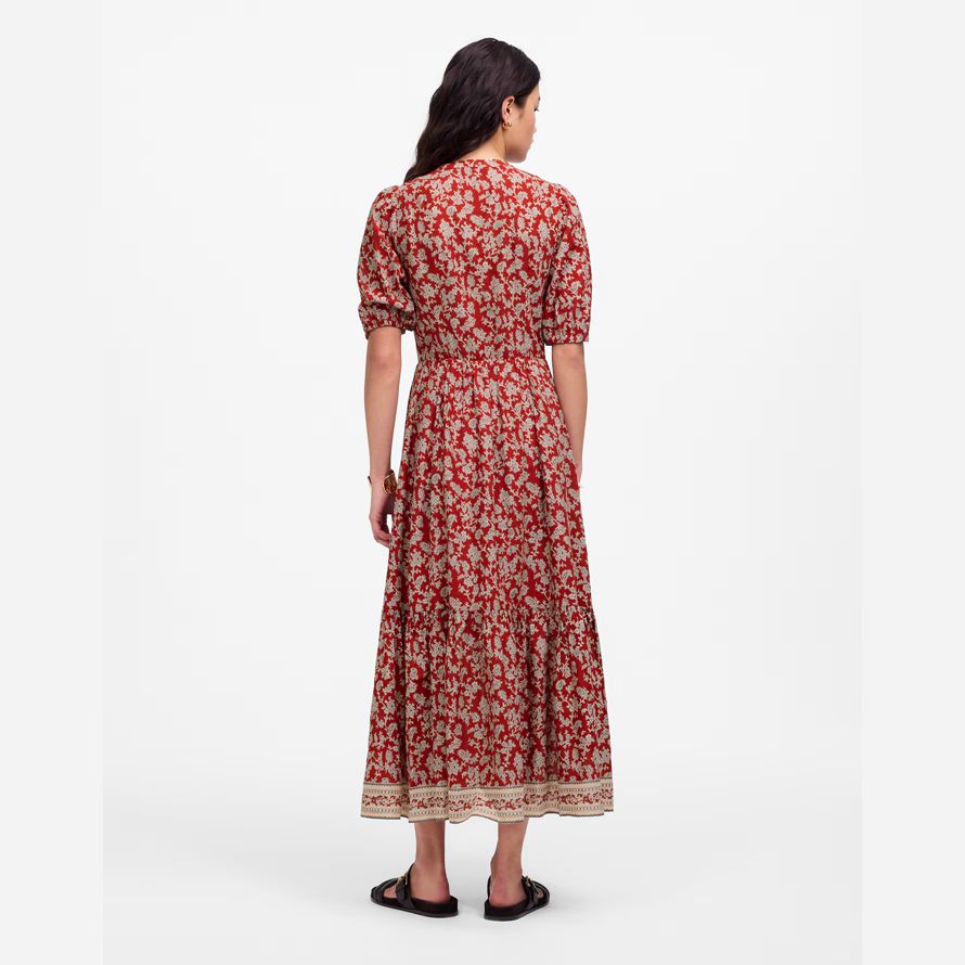 red white madewell pintucked puff-sleeve midi womens dress