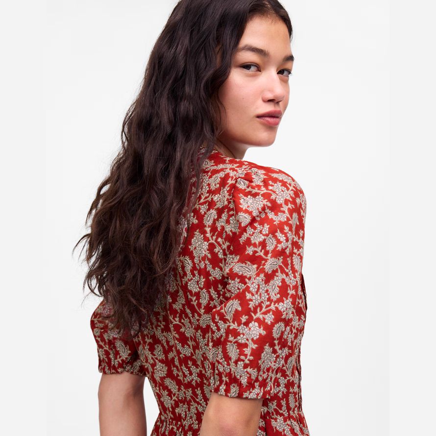 red white madewell pintucked puff-sleeve midi womens dress